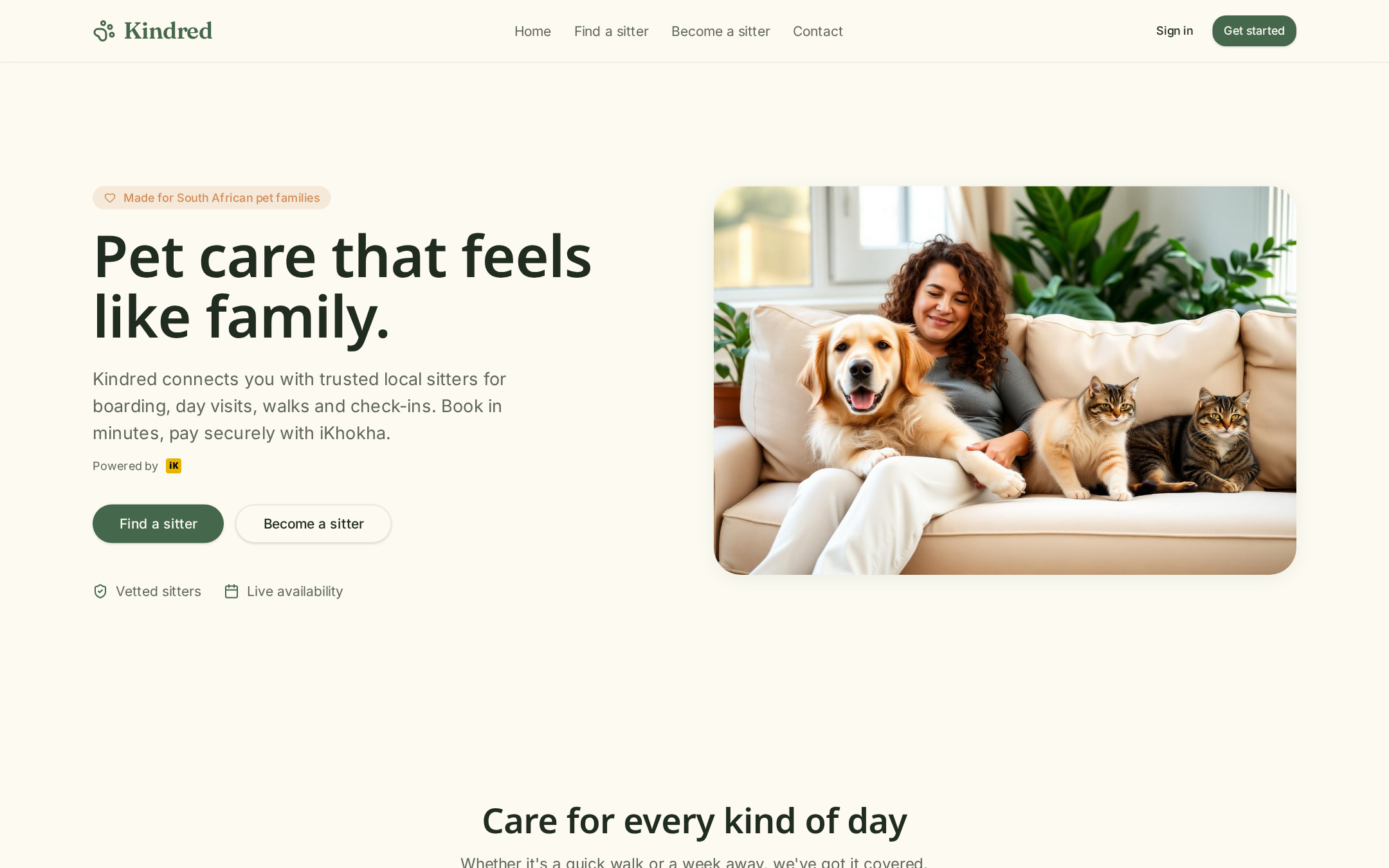 Kindred Sitters website screenshot